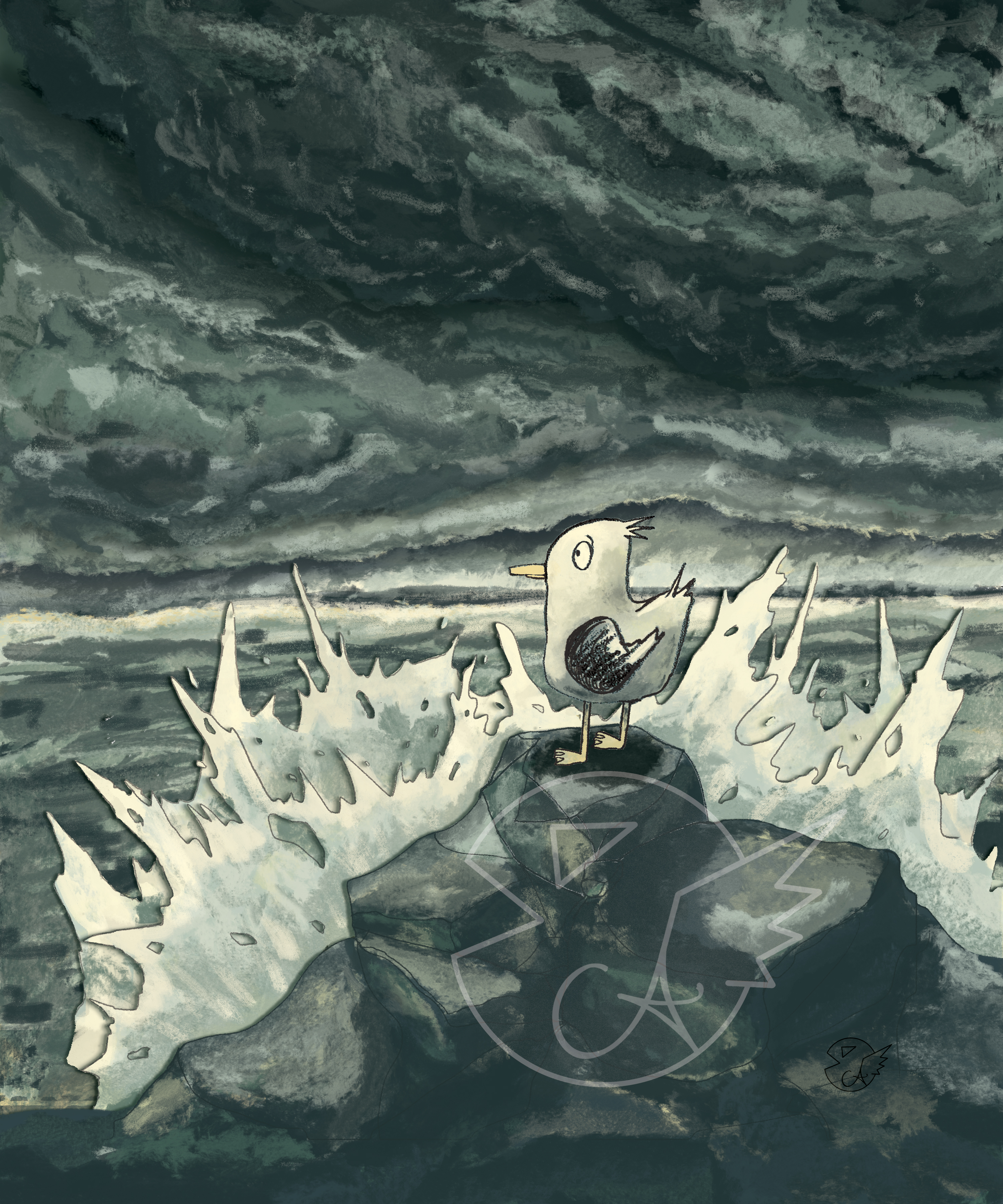 A vertical illustration of a small seagull perches on the rocks currently being crashed upon by the ocean in a muted stormy overcast day