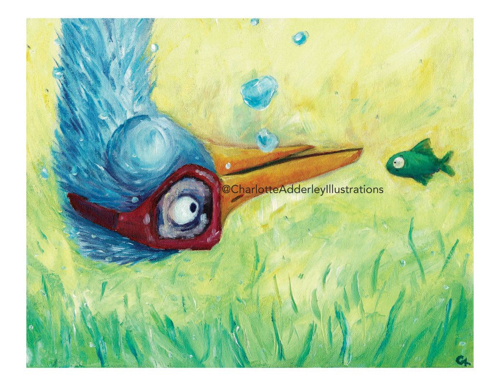 A heron meeting a small fish in the river