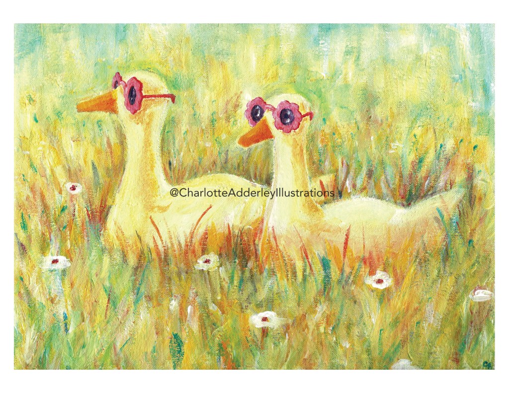 Acrylic painting of 2 ducks in pink flower glasses sitting in long grass