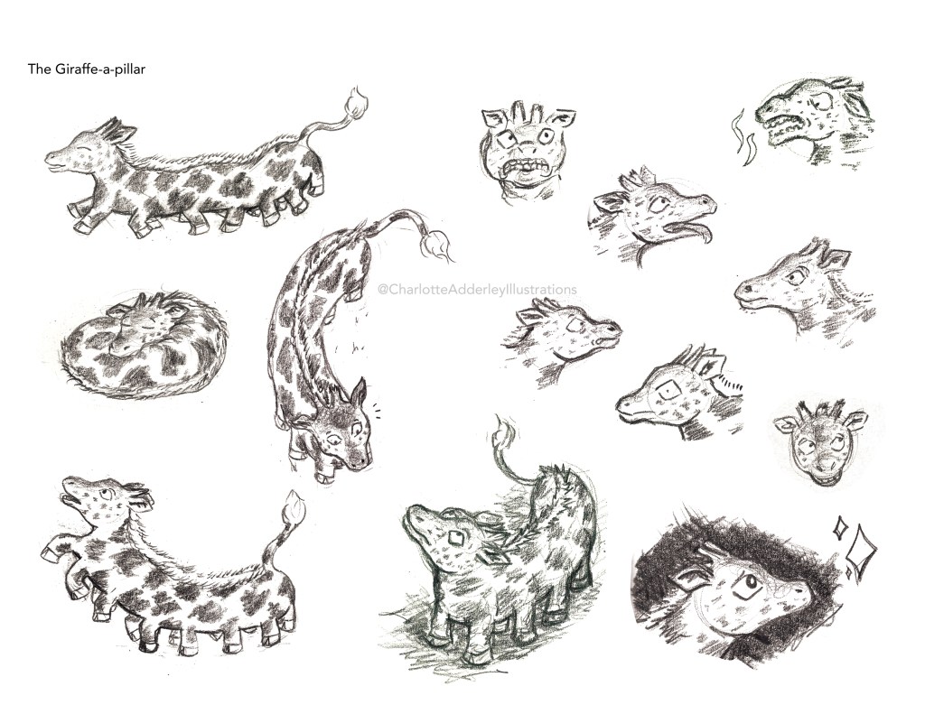 Pencil Sketches of a Giraffe-a-pillar. Imagine a caterpillar but with the head, fur, markings and feet of a giraffe! This Giraffe-a-pillar has 7 pairs of legs in total and an adorable face.