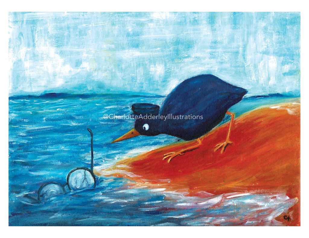 A wader bird wearing a hat looking at a pair of broken glasses washed ashore by the tide