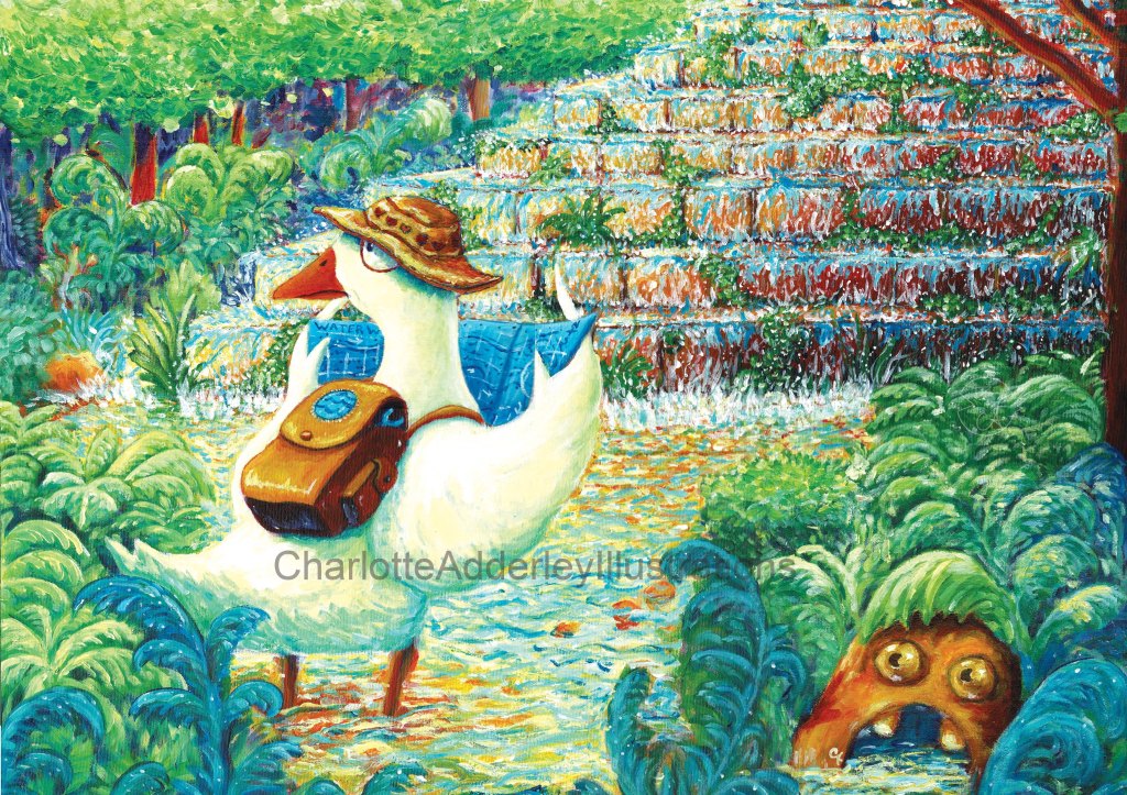 A white bird wearing a bag pack and fishing hat holds a blue architect map of waterworks in the middle of a flooding forest at the corner base of some large stone steps from which the water is coming from. 24x20 inches.