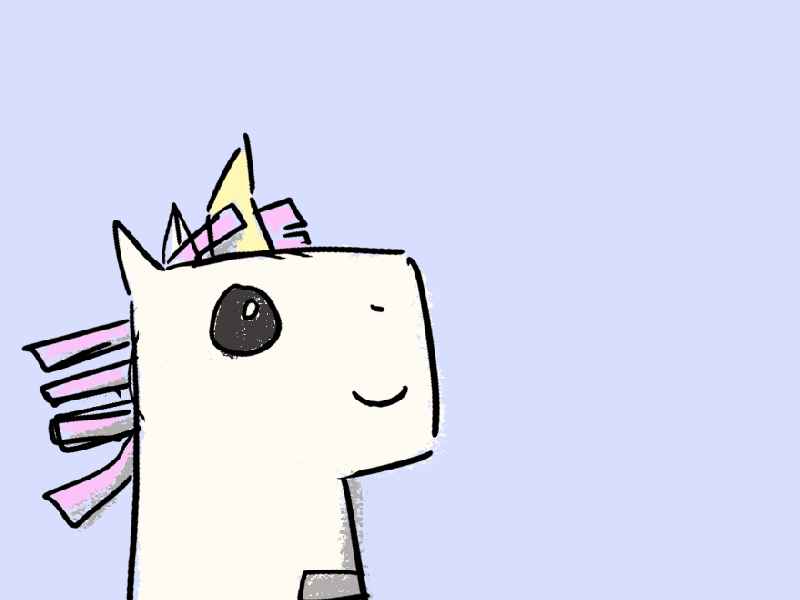 Panto the Unicorn"s head in the lower left corner of the square bending forwards to zap sparkles out of thier horn. Panto has a cream coloured body, four pink tassels for a mane and a yellow horn. The sparkles form 5 orange stars with 5 points. The background is a pastel purple.