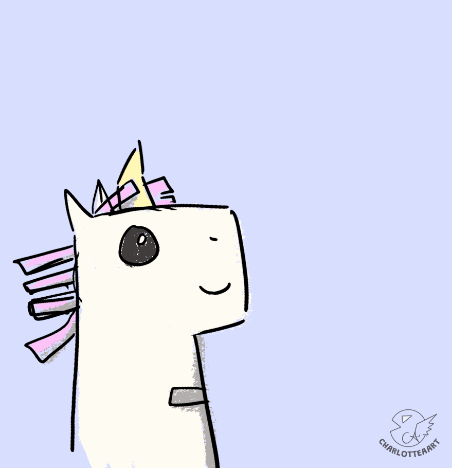 Panto the Unicorn"s head in the lower left corner of the square bending forwards to zap sparkles out of their horn. Panto has a cream coloured body, four pink tassels for a mane and a yellow horn. The sparkles form 5 orange stars with 5 points and are in the top right hand corner. The background is a pastel purple.