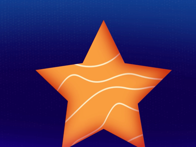 A 5 pointed orange star on a dark blue background. The star was a pattern on it of white wavy lines.