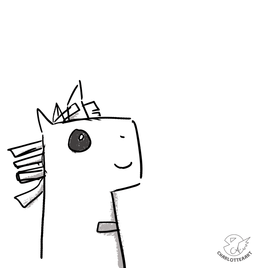 The shading test version
Panto the Unicorn"s head is in the lower left corner of the square bending forwards to zap sparkles out of their horn. The sparkles form 5 orange stars with 5 points and are in the top right hand corner of the square. 
Panto some grey shading on their neck and 4 mane tassels to show the light direction is coming from above and from the sparkles in the top right corner. 