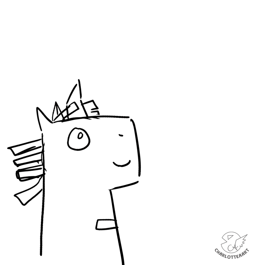 The outline only version
Panto the Unicorn"s head in the lower left corner of the square bending forwards to zap sparkles out of their horn.  The sparkles form 5 stars with 5 points and are in the top right hand corner of the square. 